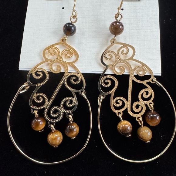 Vintage Gold Filigree Tigers Eye Teardrop Earrings - Picture 2 of 3